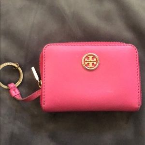 Tory Burch Robinson zipper key chain wallet pink